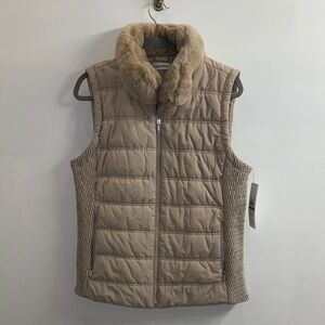 Calvin Klein Women's Beige Quilted Vest with Faux Fur Collar